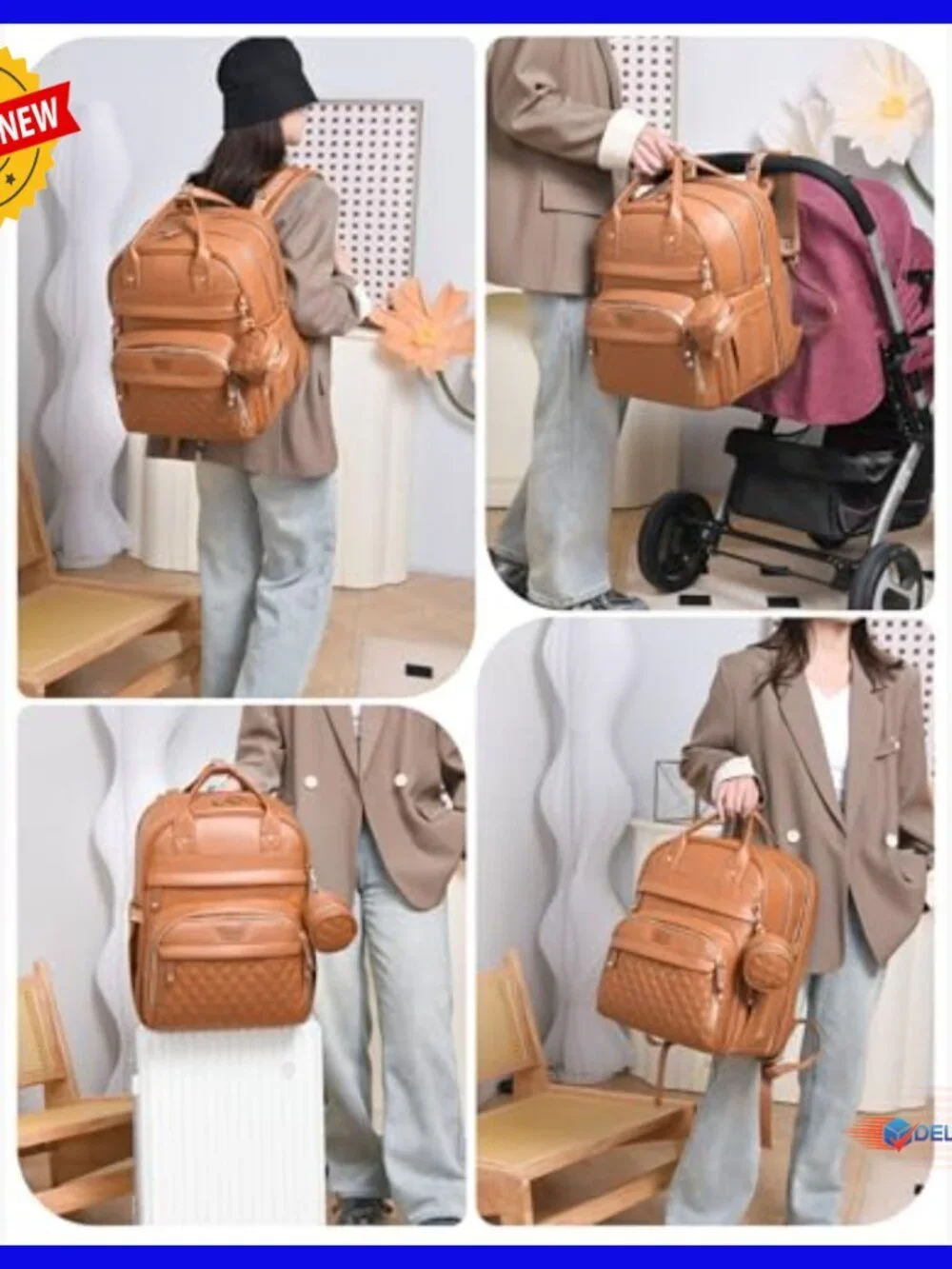Large Diaper Backpack with Changing Station, Water-Resistant Vegan Leather,